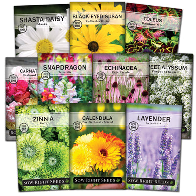 large flower seed collection sow right seeds daisy blackeyed susan coleus carnation snapdragon echinacea alyssum zinnia calendula lavender