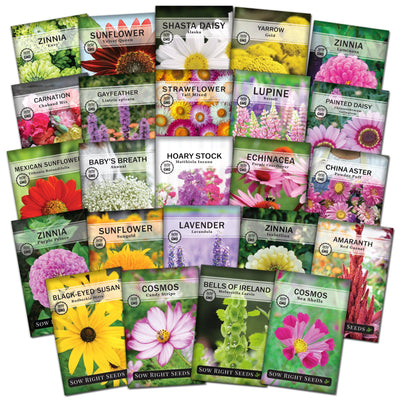 flower farm seed collection sow right seeds zinnia sunflower daisy yarrow carnation gayfeather strawflower lupine sunflower baby's breath hoary stock echinacea coneflower china aster lavender amaranth black-eyed susan cosmos bells of ireland 