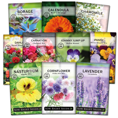 edible flower seed collection borage calendula chamomile dahlia carnation johnny jump up pansy nasturtium cornflower lavender sow right seeds