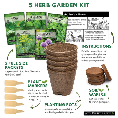 5 herb garden kit includes 5 full size packets plant markers planting pots soil wafers instructions