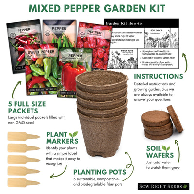 mixed pepper garden kit includes 5 full size packets plant markers planting pots soil wafers instructions