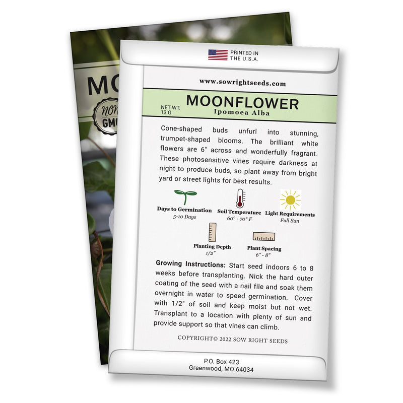 moonflower seed packet includes product description and growing instructions