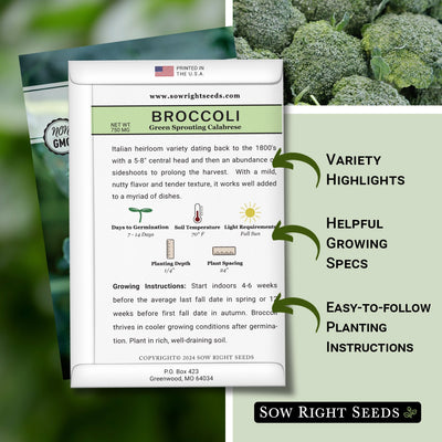 green sprouting calabrese broccoli seed packet features variety highlights helpful growing specs easy to follow planting instructions