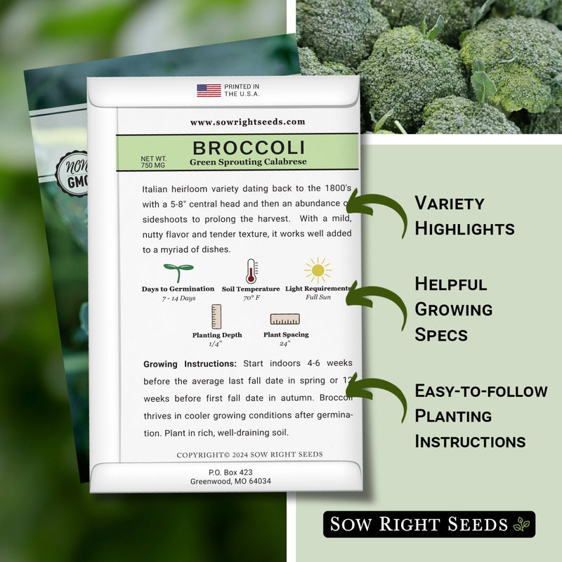 green sprouting calabrese broccoli seed packet features variety highlights helpful growing specs easy to follow planting instructions