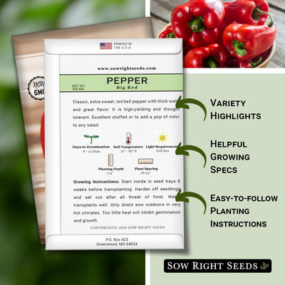 big red pepper seed packet features variety highlights helpful growing specs easy to follow planting instructions