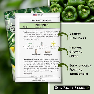 emerald giant pepper seed packet features variety highlight helpful growing specs easy to follow planting instructions