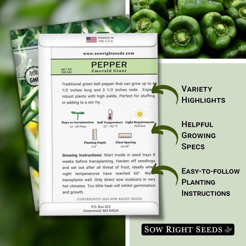emerald giant pepper seed packet features variety highlight helpful growing specs easy to follow planting instructions