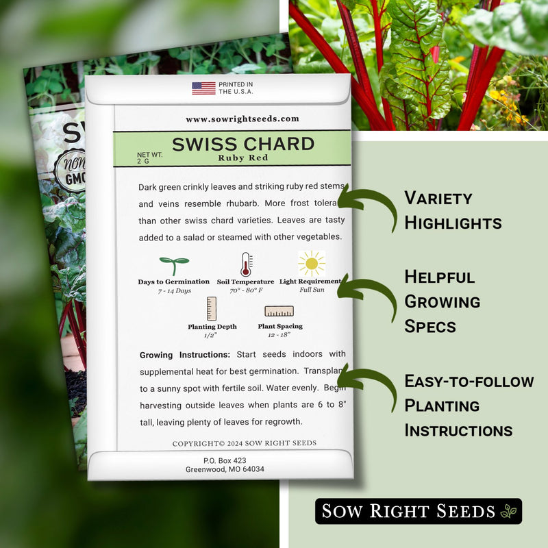 ruby red swiss chard seed packet features variety highlights helpful growing specs easy to follow planting instructions