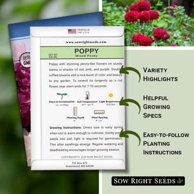 mixed peony poppy seed packet features variety highlights helpful growing specs easy to follow planting instructions