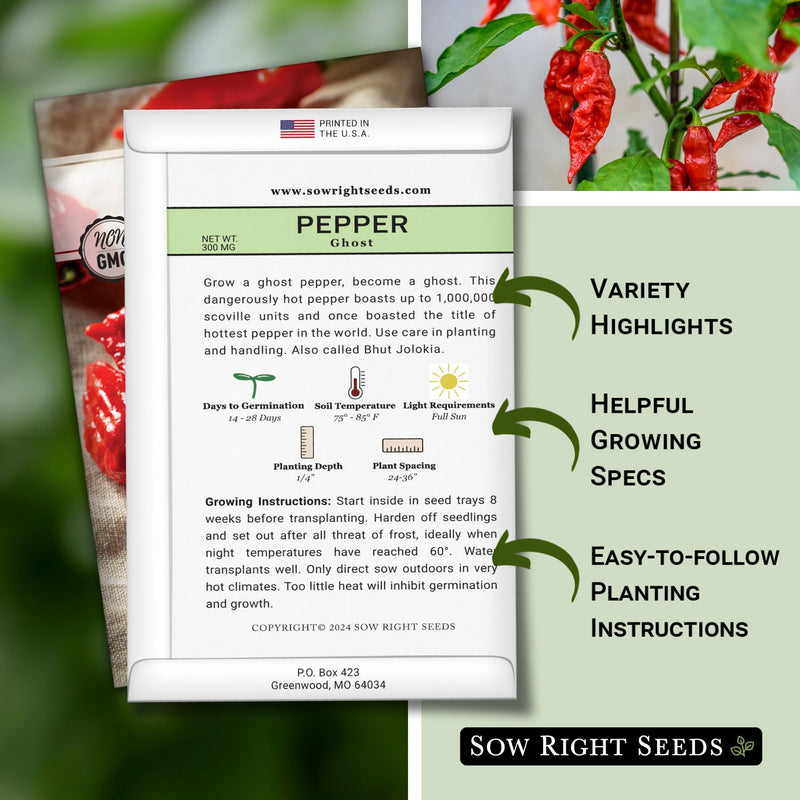 ghost pepper seed packet features variety highlights helpful growing specs easy to follow planting instructions