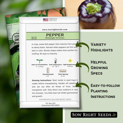 midnight dreams pepper seed packet features variety highlights helpful growing specs easy to follow planting instructions