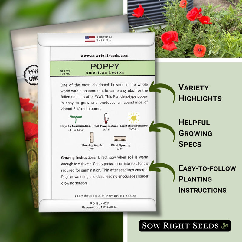 american legion poppy seed packet features variety highlights helpful growing specs easy to follow planting instructions