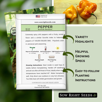 scotch bonnet pepper seed packet features variety highlights helpful growing specs easy to follow planting instructions