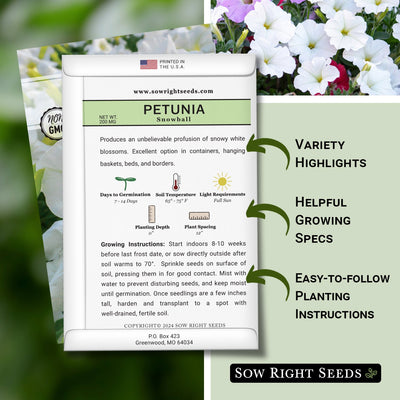 snowball petunia seed packet features variety highlights helpful growing specs easy to follow planting instructions