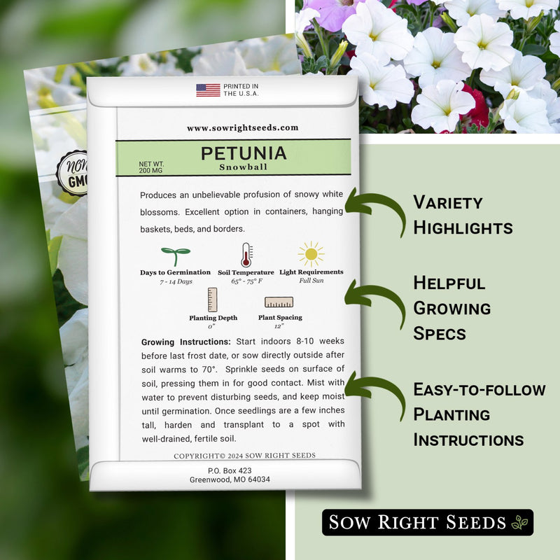 snowball petunia seed packet features variety highlights helpful growing specs easy to follow planting instructions