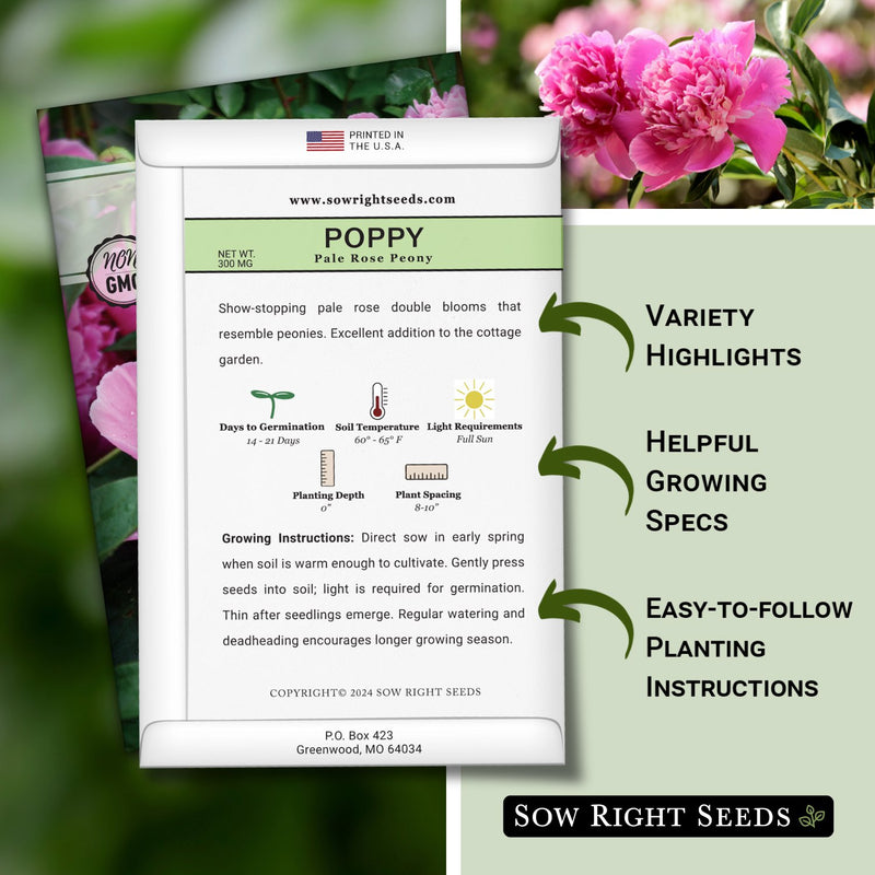 pale rose peony poppy seed packet features variety highlights helpful growing specs easy to follow planting instructions