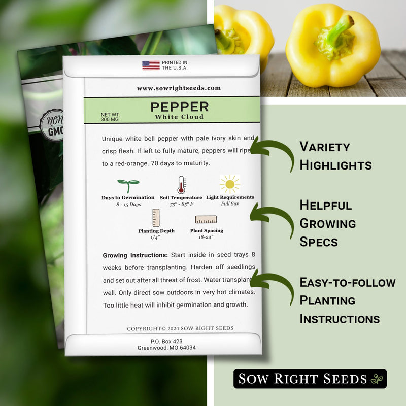 white cloud pepper seed packet features variety highlights helpful growing specs easy to follow planting instructions