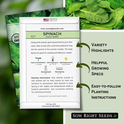 giant noble spinach seed packet features variety highlights helpful growing specs easy to follow planting instructions