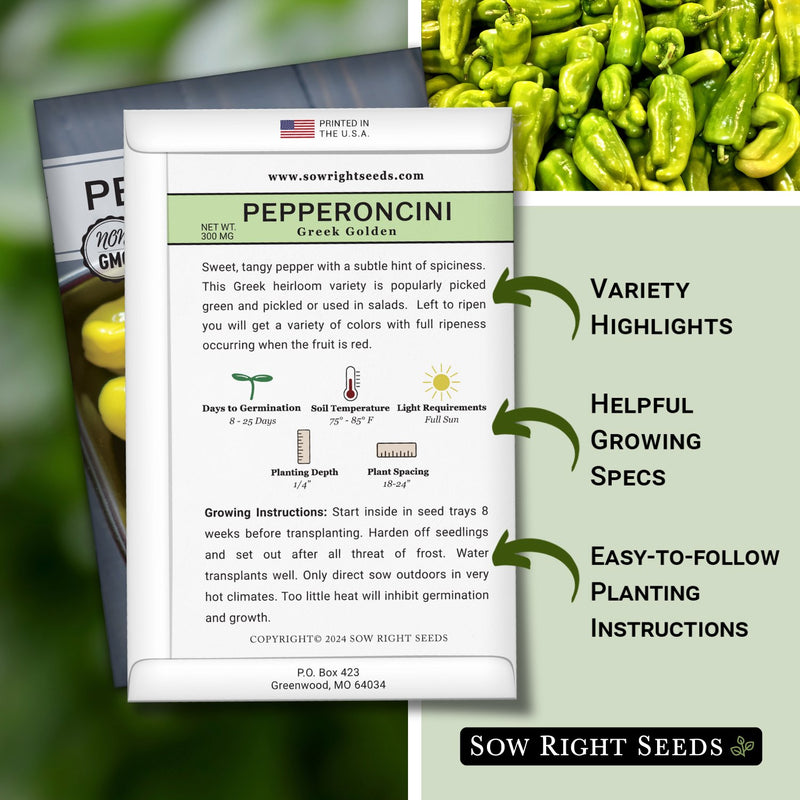 greek golden pepperoncini seed packet features variety highlights helpful growing specs easy to follow planting instructions