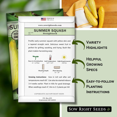 straightneck summer squash seed packet includes variety highlights helpful growing specs easy to follow planting instructions