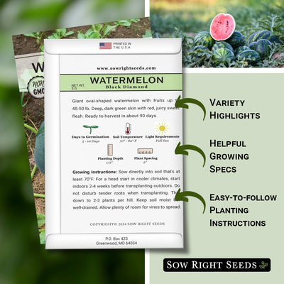 black diamond watermelon seed packet features variety highlights helpful growing specs easy to follow planting instructions