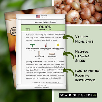 walla walla onion seed packet features variety highlights helpful growing specs easy to follow planting instructions