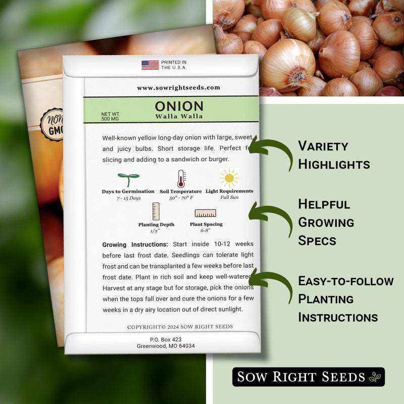 walla walla onion seed packet features variety highlights helpful growing specs easy to follow planting instructions