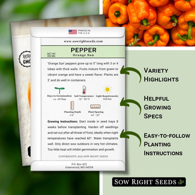 orange sun pepper seed packet includes variety highlights helpful growing specs easy to follow planting instructions