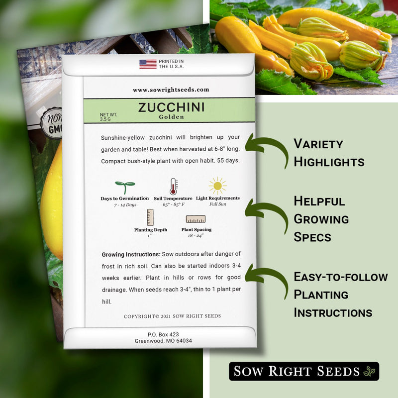 golden zucchini packet includes variety highlights, helpful growing specs, easy to follow planting instructions