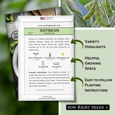 karikachi soybean seed packet features variety highlights helpful growing specs easy to follow planting instructions
