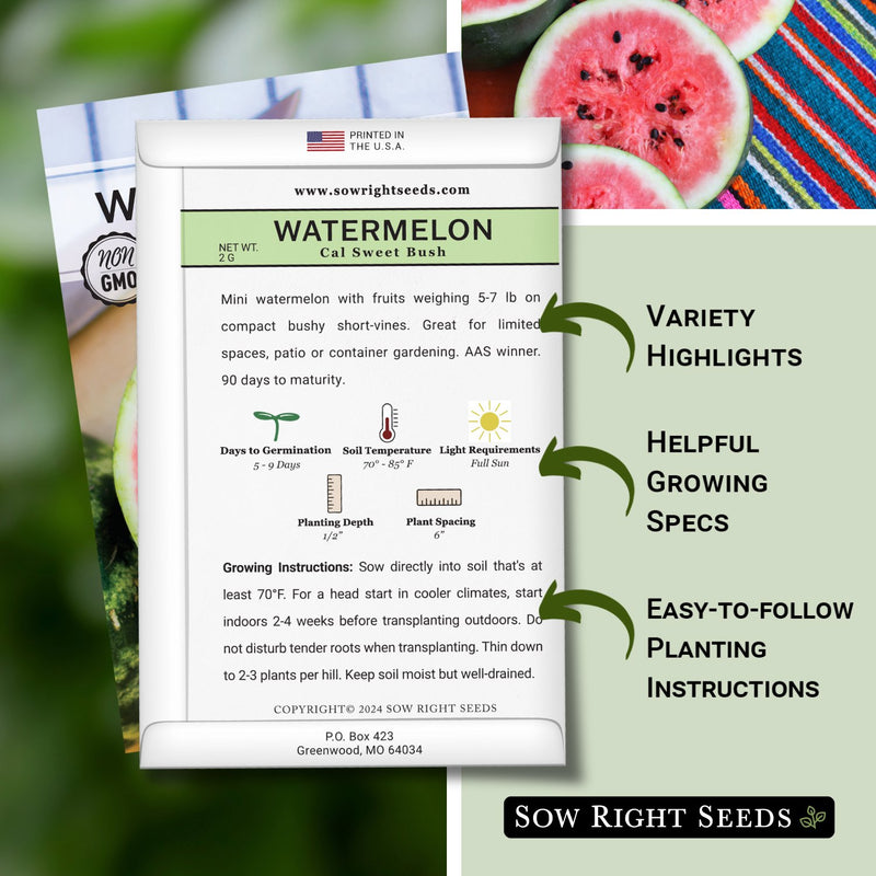 cal sweet bush watermelon seed packet features variety highlights helpful growing specs easy to follow planting instructions