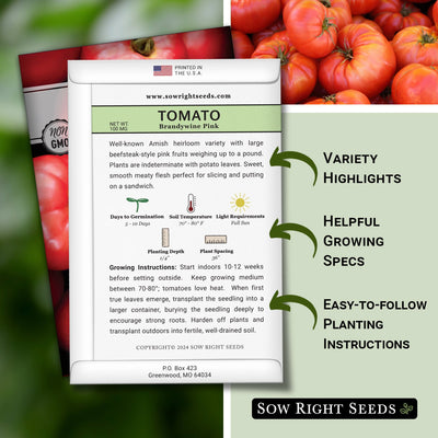 brandywine pink tomato seed packet features variety highlights helpful growing specs easy to follow planting instructions