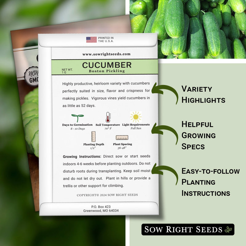 boston pickling cucumber seed packet features variety highlights helpful growing specs easy to follow planting instructions