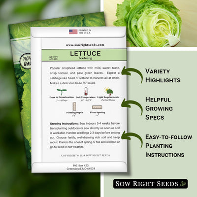 iceberg lettuce seed packet features variety highlights helpful growing specs easy to follow planting instructions