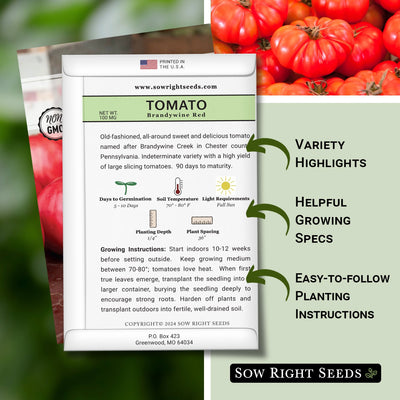 brandywine red tomato seed packet features variety highlights helpful growing specs easy to follow planting instructions