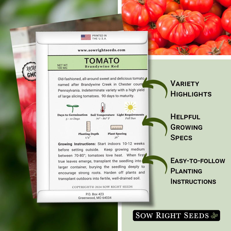 brandywine red tomato seed packet features variety highlights helpful growing specs easy to follow planting instructions