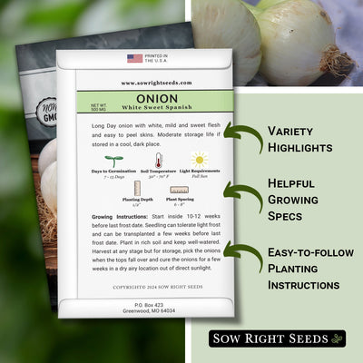white sweet spanish onion seed packet features variety highlights helpful growing specs easy to follow planting instructions