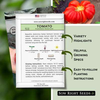 costoluto genovese tomato seed packet features variety highlights helpful growing specs easy to follow planting instructions