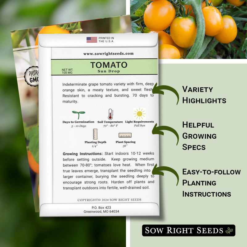 sun drop tomato seed packet features variety highlights helpful growing specs easy to follow planting instructions
