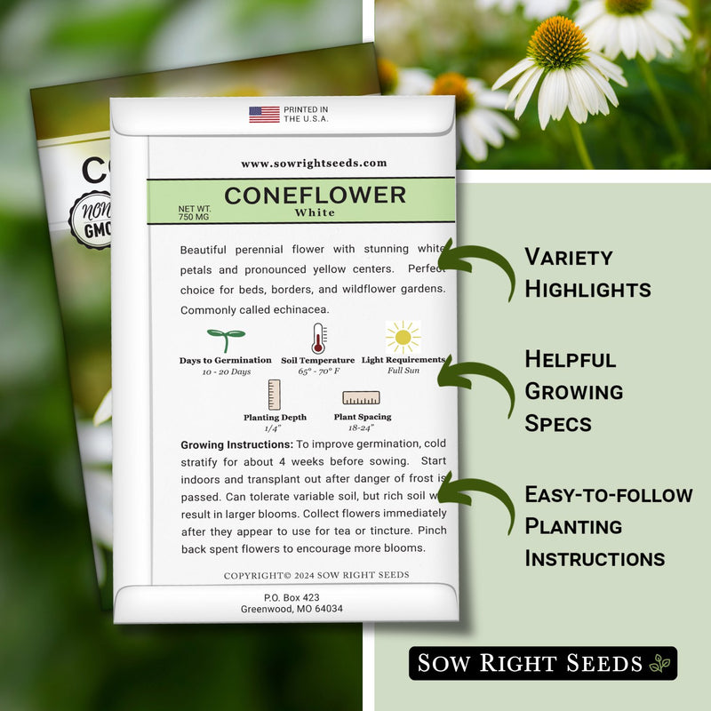 white coneflower seed packet features variety highlights helpful growing specs easy to follow planting instructions