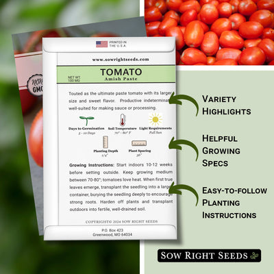 amish paste tomato seed packet features variety highlights helpful growing specs easy to follow planting instructions
