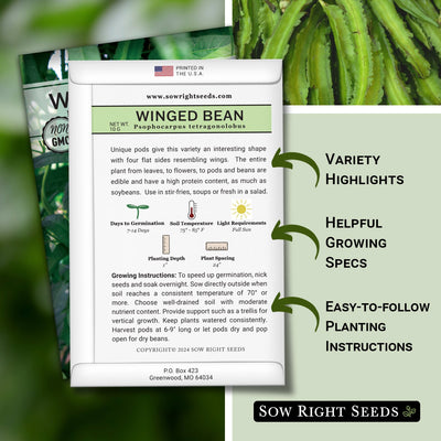 winged bean seed packet features variety highlights helpful growing specs easy to follow planting instructions