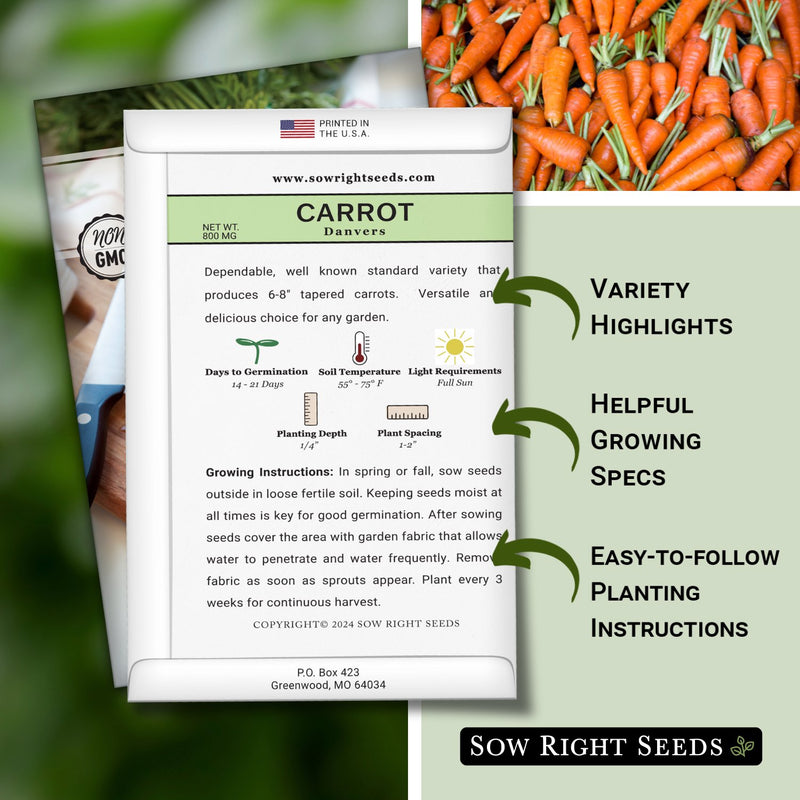 danvers carrot seed packet features variety highlights helpful growing specs easy to follow planting instructions