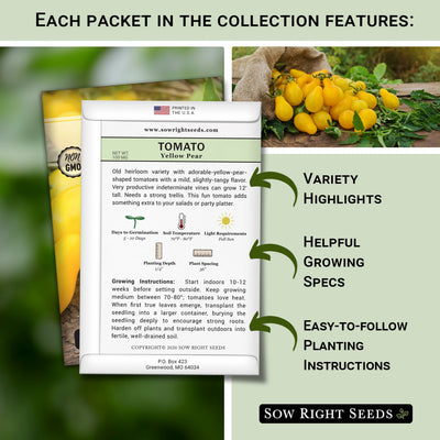 each packet in the tomato 10 collection features variety highlights, helpful growing specs, easy to follow instructions