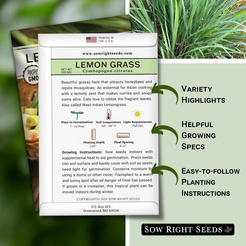 west indian lemon grass seed packet features variety highlights helpful growing specs easy to follow planting instructions