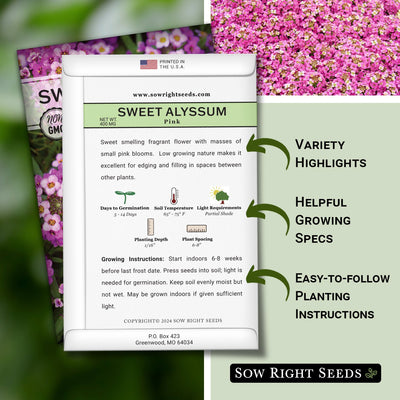 pink sweet alyssum seed packet includes variety highlights helpful growing specs easy to follow planting instructions