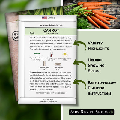 tendersweet carrot seed packet includes variety highlights helpful growing specs easy to follow planting instructions