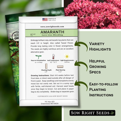 love lies bleeding amaranth seed packet features variety highlights helpful growing specs easy to follow planting instructions