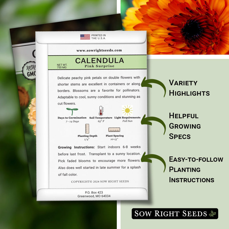 pink surprise calendula seed packet features variety highlights helpful growing specs easy to follow planting instructions