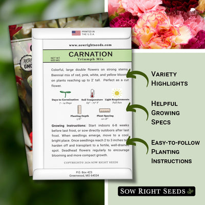 triuimph mix carnation seed packet features variety highlights helpful growing specs easy to follow planting instructions
